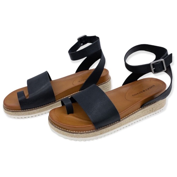 Lucky Brand Black Leather Wedge Sandals - Picture 2 of 12